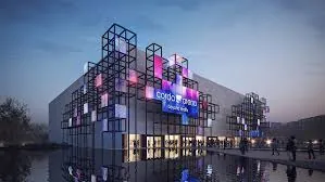 Architektonisches Rendering der Corda Arena bei Dämmerung, mit bunt beleuchteten Fenstern im Fassadenraster.